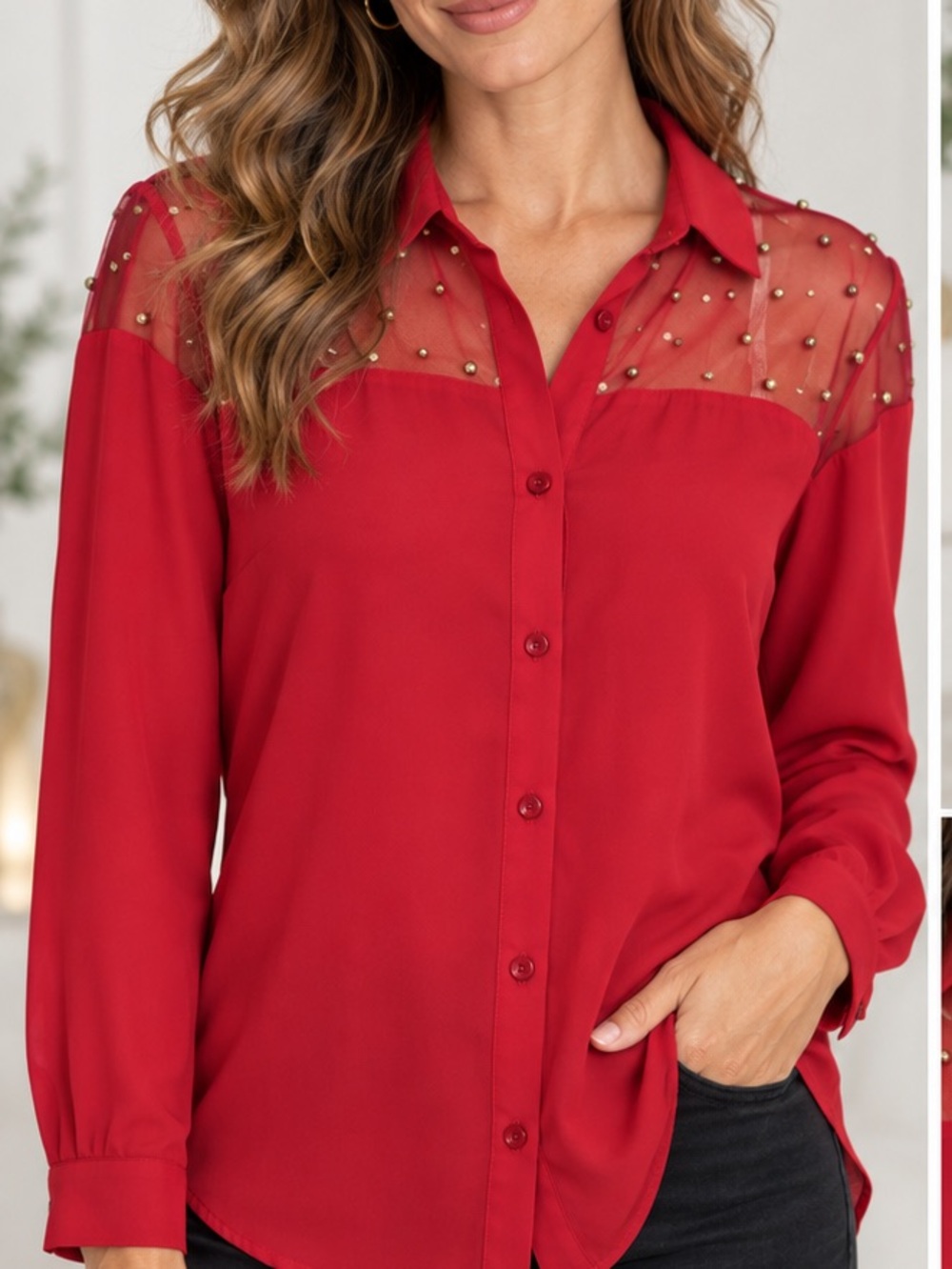 Piccadilly Red Button-Up Blouse with Sheer Studded Yoke